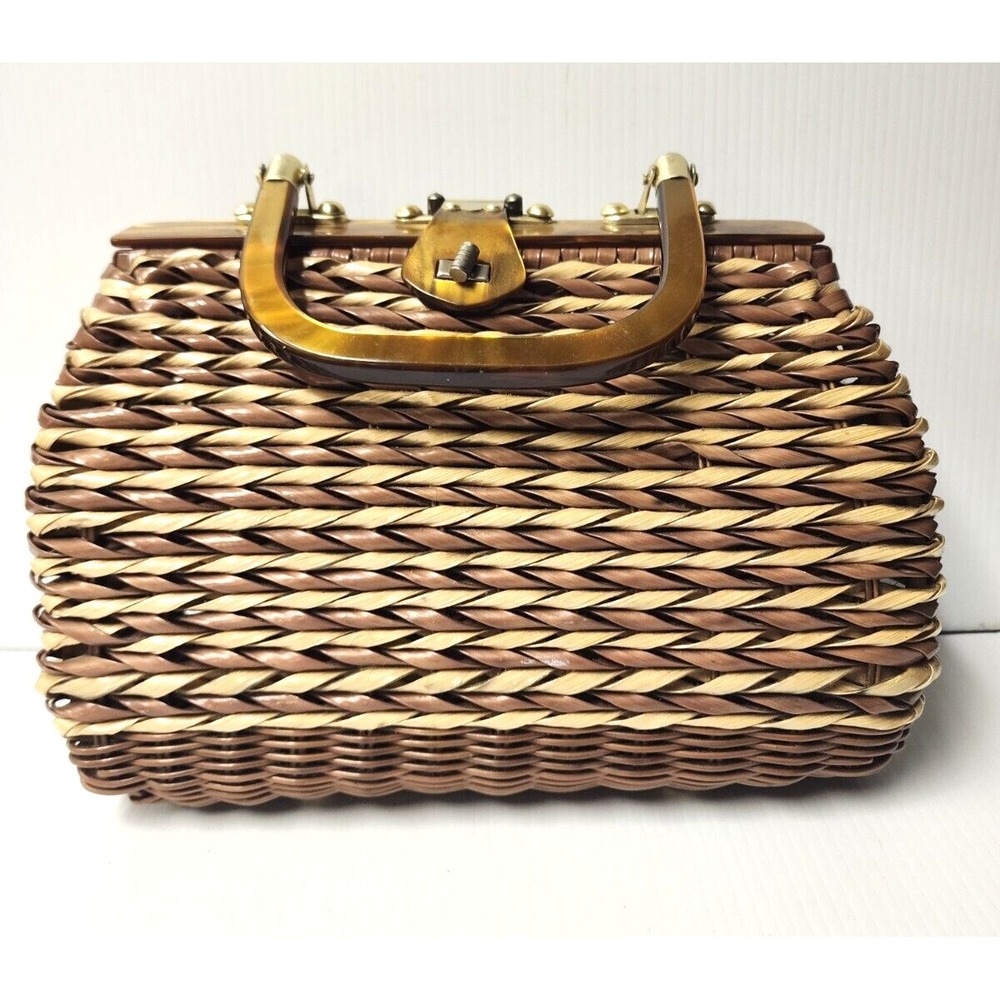 Vintage Plastic‎ Coated Straw Purse with Plastic handles